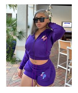 Designer Women Zipper Sweatsuit Set Cropped <b>Hoodie</b> and Shorts Customizable Female Jogger Tracksuit - Product Image 3