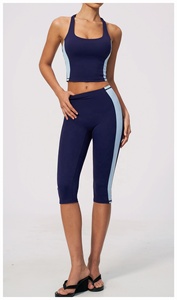 Navy <b>Blue</b> Color Blocking Yoga Set High Waist Calf-Length Leggings Spaghetti Strap Sports <b>Bra</b> Seamless Activewear Two Piece - Product Image 3