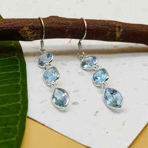 Elegantes pendientes artesanales de Plata de Ley 925 hechos a mano de múltiples formas facetadas Topacio Azul diamante perla bodas regalos mujeres - Product Image 3