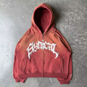 Sweat à capuche zippé oversize pour homme, en coton French Terry, style streetwear, coupe classique, délavé à l'acide, imprimé lettres - Product Image 6