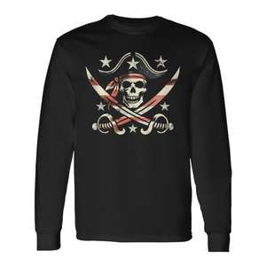 T-shirt à manches longues avec motif drapeau pirate Jolly Roger, design crâne et épées, col rond unisexe, promotionnel pour adultes - Product Image 1