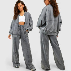 Conjuntos de 2 piezas para mujer 2025, conjunto de bombardero con cremallera de pierna recta larga lavada con ácido para mujer, Tops de algodón Vintage lavado de tendencia - Product Image 1