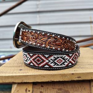 Ceinture en cuir occidentale usinée à la main Ceinture de cow-boy perlée du sud-ouest Ceinture de rodéo à boucle en argent vintage au meilleur prix - Product Image 3