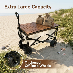 Wholesale <strong>Folding</strong> Camping <strong>Wagon</strong> With Removable Wood Table Top <strong>Heavy</strong> <strong>Duty</strong> Outdoor Picnic Cart All-Terrain <strong>Beach</strong> Utility Trolley - Product Image 1