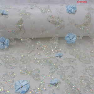 반짝이는 반짝이 인어 장식 조각 나비 패턴 3D 거즈 꽃 라인 스톤 드릴 화이트 메쉬 얇은 명주 그물 레이스 원단 도매 - Product Image 1