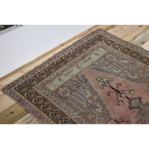 Tapis turc vintage écologique à franges 4,3x8,7 pieds, patchwork vert et marron, en laine avec envers en latex - Product Image 5