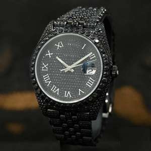 Luxury Unisex Mechanical <b>Sport</b> <b>Watch</b> Just Date Black Moissanite Diamond Hip Hop Style Fully Iced Analog Glass Stainless Steel - Product Image 1