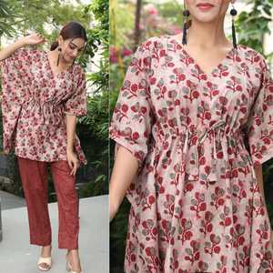 Fait sur mesure caftans courts ensemble complet en 100% coton tissu disponible dans les tailles aussi bien en bleu imprimé floral coloré. - Product Image 3