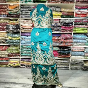Bulk Order Beautiful Latest Beaded Nigerian Wrapper Stone Silk Indian Geoge Lace Fabric 5 Yards With Net Blouse Women Clothing