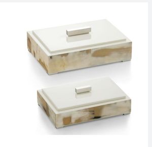 Ensemble de 2 boîtes décoratives ultra-luxueuses en corne de bœuf - Panneaux en corne naturelle avec ferrures et poignées en métal plaqué argent - Product Image 1