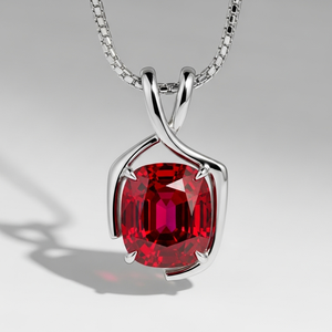 14K <b>Solid</b> White <b>Gold</b> Ruby <b>Pendant</b> Necklace Modern Sculptural Cushion Cut Custom Fine Jewelry with Strand Chain Luxury Gift - Product Image 1