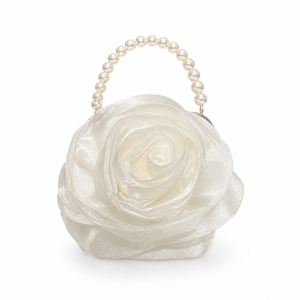 Elegant Pearl Handle Camellia Evening <b>Bag</b> <b>White</b> Silk Organza Party <b>Clutch</b> For Women - Product Image 1