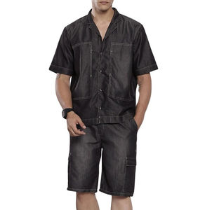 Nouveau T-shirt en denim à logo personnalisé tendance, délavé à l'acide, avec boutons, ensemble de survêtement décontracté et short pour hommes - Product Image 1