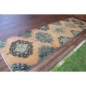 Alfombra Turca Vintage de Lana Azul, 3,2x11,5 pies (99x349 cm) - Product Image 2