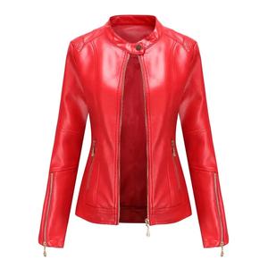 À la mode Biker femmes respirant rouge en cuir véritable Slim Fit vestes fermeture à glissière col montant poches élégantes doublure en Viscose - Product Image 1