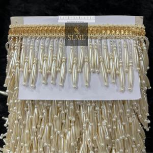 Perles brillantes de qualité supérieure, faites à la main, en forme de grappe, de couleur beige royal, avec franges tombantes, dentelle à suspendre pour robe de mariée, lehenga, sari, etc. - Product Image 6