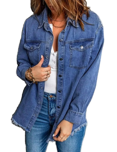 Chaqueta de Moda Urbana para Mujer, Estilo Informal, con Botones en la Parte Delantera, Manga Larga de Mezclilla, Dobladillo Deshilachado, Bolsillo en el Pecho, Ajuste Holgado - Product Image 3