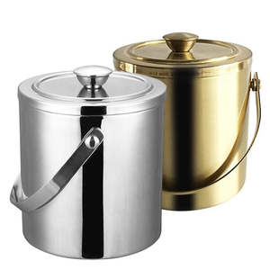 Seau à glace à double paroi isolé, seau à glace rond en métal poli mat, seau à glace en acier inoxydable pour champagne avec poignée en or - Product Image 1