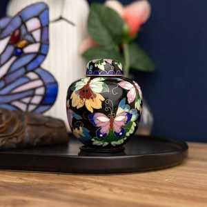 Mariposas florecientes Cloisonne Recuerdo Urna de cremación Esmalte de cobre de latón hecho a mano con tapa roscada para cenizas humanas - Product Image 2