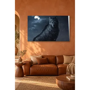 Impresión en lienzo de Fida: Luna llena y lobo negro en la nieve - Product Image 1