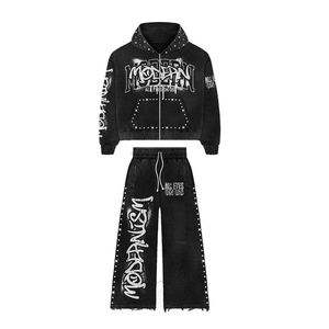 Men's Custom <b>Screen</b> Print Acid <b>Wash</b> Vintage Hoodie & Flared Sweatpants Sun-Fade 100% Cotton Tracksuit Fashionwear - Product Image 3