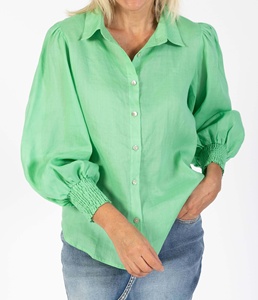 Light Green Casual Women's Shirts <b>Custom</b> Ladies Tops Blouse <b>Balloon</b> Sleeves Deep Shirred Cuff Curved Hemline Linen Fabric Summer - Product Image 1