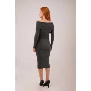 Vestido Midi Ajustado de Punto Color Antracita con Detalle en el Hombro y Cuello en V Simple - Product Image 1
