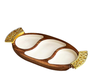 Plateau en relief en acier inoxydable avec support en bois avec incrustation de nacre Coquillages de mer Assiette à vaisselle pour servir Dessert et chocolat - Product Image 6