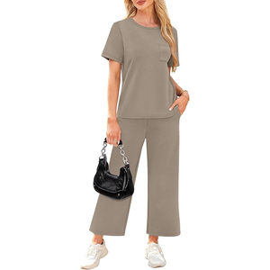 เทอร์รี่ผสมผ้าฝ้ายน้ำหนักเบาสำหรับผู้หญิงคุณภาพสูงชุดเสื้อผ้า2ชิ้นทรงหลวมเข้ารูปสบายๆลายพื้นสำหรับฤดูใบไม้ผลิ/ฤดูร้อน - Product Image 4