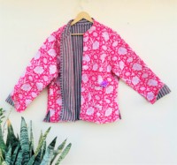 Jaket Wanita Rajutan Tangan Musim Dingin, Bahan Katun Cetak Bunga Vintage, Bolak-Balik, Cetak Blok India, Kancing Berdiri