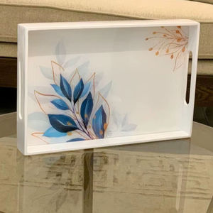 Large White Wood Resin Serving <b>Tray</b> Floral Leaf Pattern Platter With Handles For Coffee Table Kitchen Food Drink Home Uses - Product Image 1