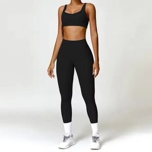 2PCS Women's Gym Sportswear Workout Athletic Legging & Fitness Bra Crop Top Solid Pattern Long Sleeve Sports Suits & Tracksuit - Product Image 4