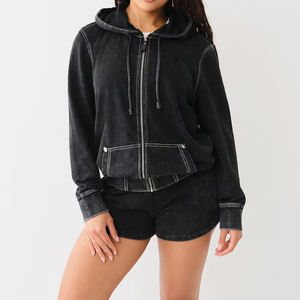 New Winter Solid Long Logo Cotton Acid Wash <b>Hoodie</b> Short Set <b>Women</b> Breathable Two Piece Set for Gym Fitness Wear - Product Image 4