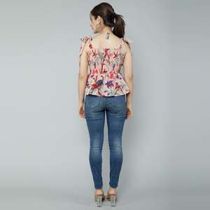 <b>Peach</b> Bird Printed Bohemian Tank <b>Top</b> Striped and Floral Linen-Chiffon Spaghetti Strap Bow Collar Size XL for Spring Season - Product Image 2