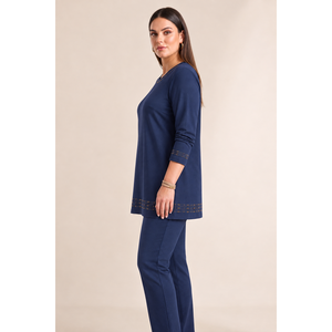 Blusa de punto con cuello y mangas con detalles de falda, talla grande, color azul marino - Product Image 2