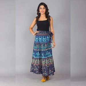 Blue Turquoise Ethnic Print <b>Maxi</b> Skirt Comfortable and Breathable Straight Wrap Skirt Made of Silk Spandex Digital Printed - Product Image 1