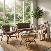 Ensemble de meubles de patio moderne et minimaliste en rotin naturel durable et portable, comprenant un canapé 2 places et 2 fauteuils avec table basse en verre
