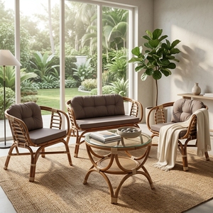 New Modern Minimalist Nemmy Natural Rattan Living Set 2 Armchairs 2 Seater <b>Sofa</b> Glass Top Coffee Table Patio Furniture <b>Suite</b> - Product Image 2