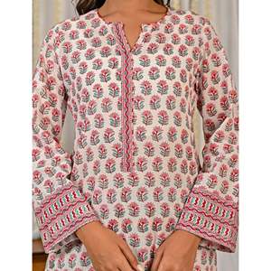 Conjunto de Kurta y Pantalón de Algodón Blanco con Estampado a Bloques para Uso Diario - Product Image 2
