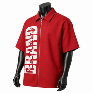 Camisa Oversize Personalizada para Hombre con Cremallera, Manga Corta, Corte Holgado, Estilo Urbano, Estampado de Logotipo Grande, Color Rojo, Venta al por Mayor OEM - Product Image 3