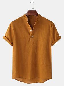 Men's Solid Linen <b>Button</b> up Plain Casual Shirt Short Sleeve Stand Collar Breathable Summer Henley Tee - Product Image 1