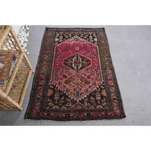 Classic Vintage Turkish <b>Rug</b> Handmade Pink Black Wool with Latex Backing (3.4 X 4.8 Ft) Rectangular Patchwork Pattern for <b>Bedside</b> - Product Image 1