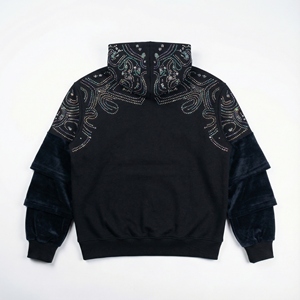 Sudadera con Capucha para Hombre, Venta al Por Mayor 2026, 500gsm, Algodón French Terry, Panel de Terciopelo con Pedrería, Corte Cuadrado, Bordada - Product Image 2