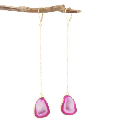 Beautiful design hot pink genuine crystal geode druzy clip on earring brass gold plated hanging link chain clip on drop earrings