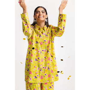 ชุดเซ็ตยีนส์พิมพ์ลายดิจิตอลสีเขียวมะนาวสำหรับผู้หญิง ผ้าไลคร่า 2 ชิ้น ไซส์ XXL เสื้อและกางเกงขาสั้นทรงสุภาพ เสื้อตัวสั้นและกางเกงขายาว - Product Image 1