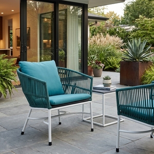 Fauteuil de jardin extérieur bleu sarcelle avec structure en métal blanc, chaise longue en corde tressée verte bleu sarcelle, chaise de patio moderne pour jardin - Product Image 4