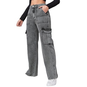 Jean cargo en denim gris vintage simple, coupe ample, délavé, respirant, 6 poches, taille haute, écologique, pour l'été, tailles 26-40, style rétro - Product Image 1