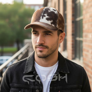Casquette de baseball en cuir de vache brun et blanc avec poils, fabriquée à la main, réglable, style western - Product Image 2