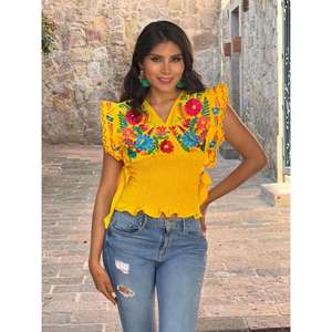เสื้อผู้หญิงสีเหลืองปักลายดอกไม้สไตล์เม็กซิกัน ผ้าฝ้าย ปักลายดอกไม้รอบเอว แขนสั้น สไตล์ลำลอง - Product Image 1