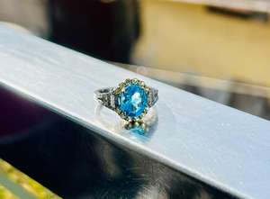 แหวนหมั้นเรียบง่ายประดับพลอยบลูโทปาซธรรมชาติและเพชรธรรมชาติ ชุบทองบนเงินแท้ 925 สำหรับเป็นของขวัญวันครบรอบ - Product Image 5